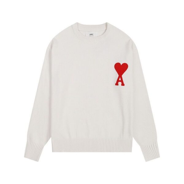 AMI Large Red Heart Logo Off White Sweater OKZY2026891
