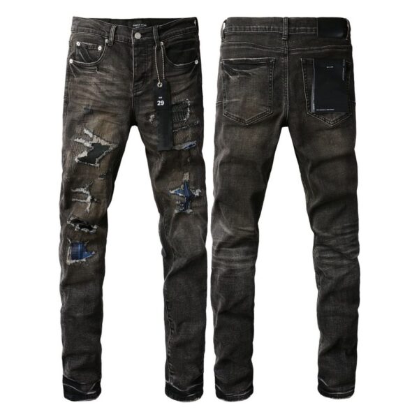 Purple Brand Black Grey Patch Ripped Jeans OKZY202697